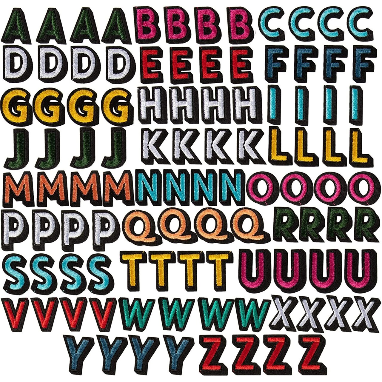 104 Pieces Iron On Letters for T-Shirts, 4 Sets of 26 Embroidered Alphabet A-Z Patches for Denim Jackets, Hats, Fabric (1 In)
